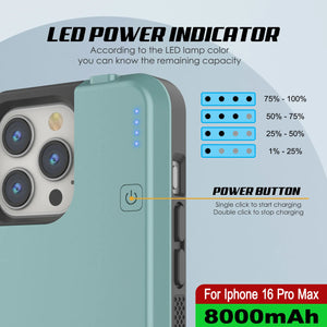 Estuche de batería para iPhone 16 Pro Max, batería externa PunkJuice MagSafe de 8000 mAh con carga rápida y protector de pantalla | [Verde azulado]