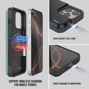 Estuche de batería para iPhone 16 Pro Max, batería externa PunkJuice MagSafe de 8000 mAh con carga rápida y protector de pantalla | [Verde azulado]