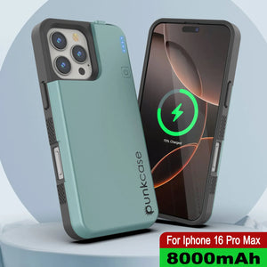 Estuche de batería para iPhone 16 Pro Max, batería externa PunkJuice MagSafe de 8000 mAh con carga rápida y protector de pantalla | [Verde azulado]