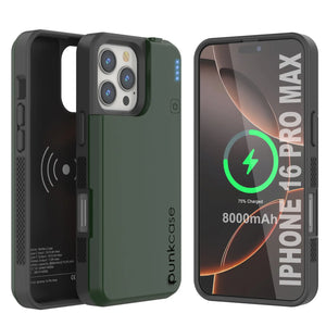 Estuche de batería para iPhone 16 Pro Max, batería externa PunkJuice MagSafe de 8000 mAh con carga rápida y protector de pantalla | [Verde]