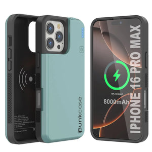 Estuche de batería para iPhone 16 Pro Max, batería externa PunkJuice MagSafe de 8000 mAh con carga rápida y protector de pantalla | [Verde azulado]