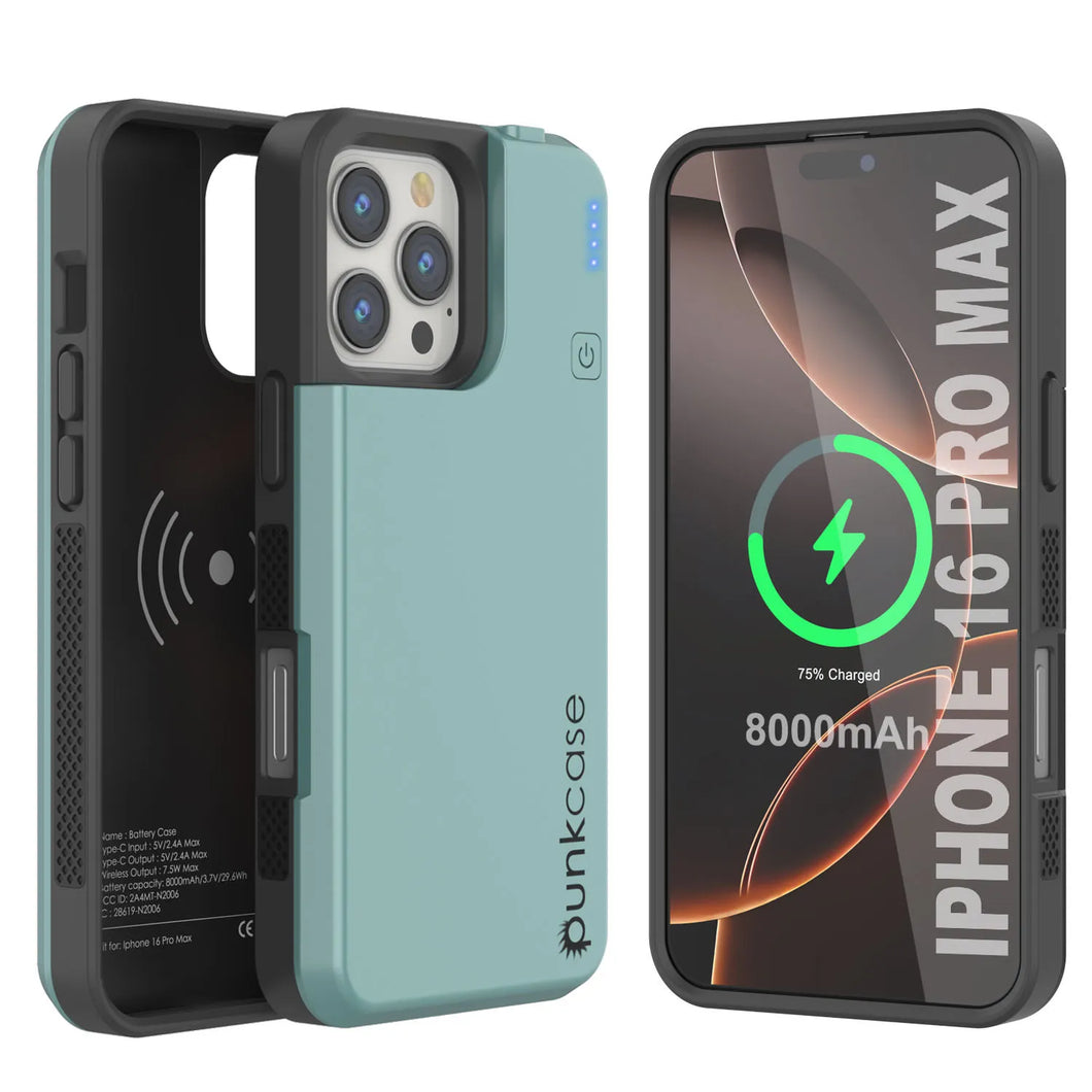 Estuche de batería para iPhone 16 Pro Max, batería externa PunkJuice MagSafe de 8000 mAh con carga rápida y protector de pantalla | [Verde azulado]