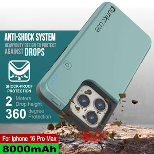 Estuche de batería para iPhone 16 Pro Max, batería externa PunkJuice MagSafe de 8000 mAh con carga rápida y protector de pantalla | [Verde azulado]