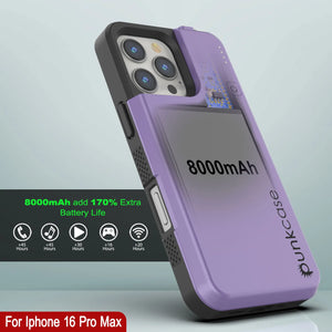 Estuche de batería para iPhone 16 Pro Max, batería externa PunkJuice de 8000 mAh con carga rápida MagSafe y protector de pantalla | [Púrpura]