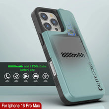 Cargar imagen en el visor de la galería, Estuche de batería para iPhone 16 Pro Max, batería externa PunkJuice MagSafe de 8000 mAh con carga rápida y protector de pantalla | [Verde azulado]
