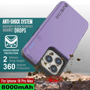Estuche de batería para iPhone 16 Pro Max, batería externa PunkJuice de 8000 mAh con carga rápida MagSafe y protector de pantalla | [Púrpura]