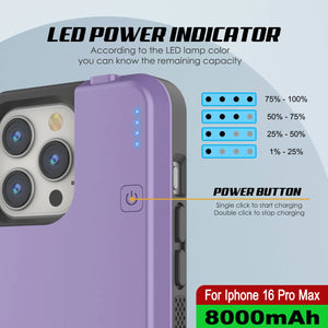 Estuche de batería para iPhone 16 Pro Max, batería externa PunkJuice de 8000 mAh con carga rápida MagSafe y protector de pantalla | [Púrpura]