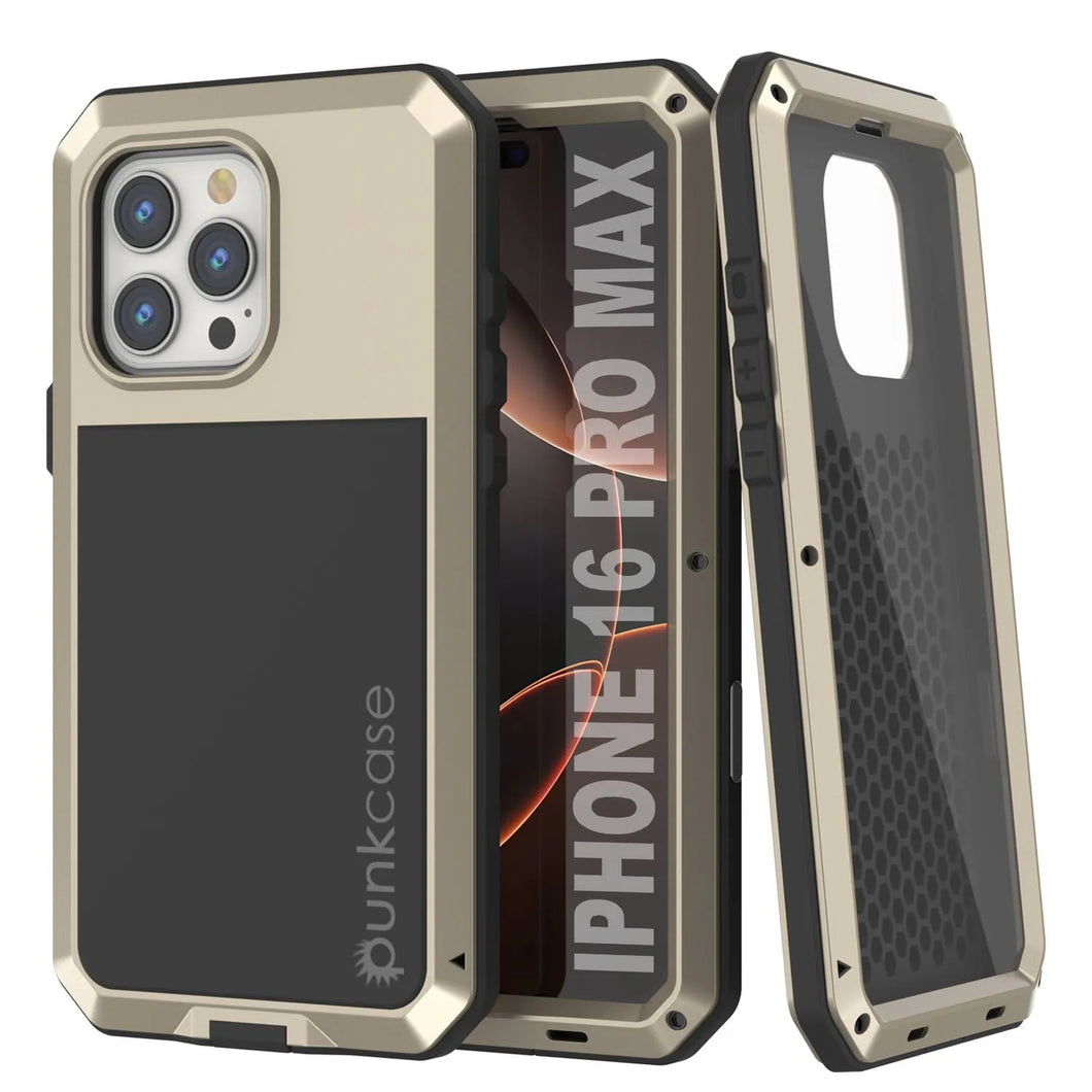 Funda de metal para iPhone 16 Pro Max, carcasa de armadura resistente de grado militar [a prueba de golpes], carcasa rígida de cuerpo completo [dorada]