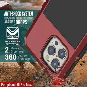 Funda de metal para iPhone 16 Pro Max, carcasa de armadura resistente de grado militar [a prueba de golpes], carcasa rígida de cuerpo completo [roja]