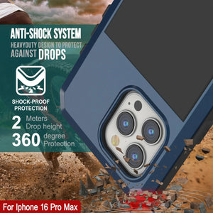Funda de metal para iPhone 16 Pro Max, carcasa de armadura resistente de grado militar [a prueba de golpes], carcasa rígida de cuerpo completo [azul]