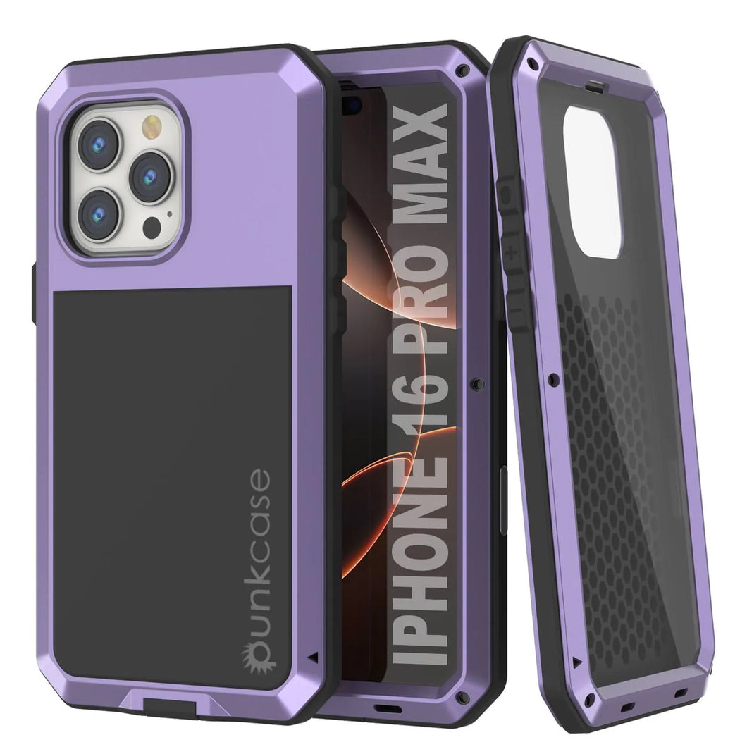 Funda de metal para iPhone 16 Pro Max, carcasa resistente de grado militar [a prueba de golpes], carcasa rígida de cuerpo completo [morado]