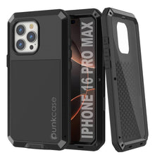 Cargar imagen en el visor de la galería, Funda de metal para iPhone 16 Pro Max, carcasa de armadura resistente de grado militar [a prueba de golpes], carcasa rígida de cuerpo completo [negra]

