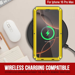 Funda de metal para iPhone 16 Pro Max, carcasa resistente de grado militar [a prueba de golpes], carcasa rígida de cuerpo completo [amarilla]