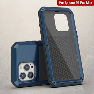 Funda de metal para iPhone 16 Pro Max, carcasa de armadura resistente de grado militar [a prueba de golpes], carcasa rígida de cuerpo completo [azul]