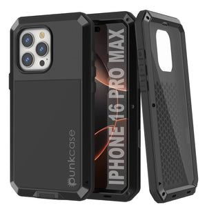 Funda de metal para iPhone 16 Pro Max, carcasa de armadura resistente de grado militar [a prueba de golpes], carcasa rígida de cuerpo completo [negra]