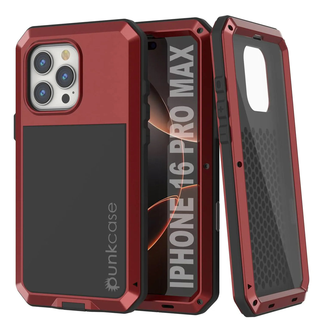 Funda de metal para iPhone 16 Pro Max, carcasa de armadura resistente de grado militar [a prueba de golpes], carcasa rígida de cuerpo completo [roja]