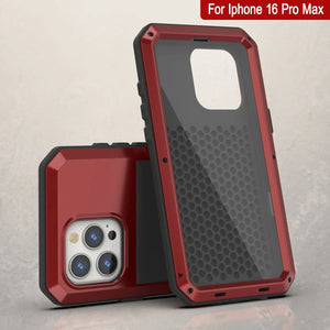 Funda de metal para iPhone 16 Pro Max, carcasa de armadura resistente de grado militar [a prueba de golpes], carcasa rígida de cuerpo completo [roja]