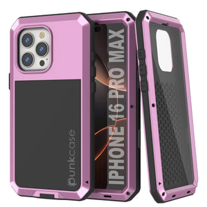 Funda de metal para iPhone 16 Pro Max, carcasa resistente de grado militar [a prueba de golpes], carcasa rígida de cuerpo completo [rosa]