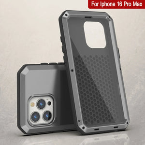 Funda de metal para iPhone 16 Pro Max, carcasa de armadura resistente de grado militar [a prueba de golpes], carcasa rígida de cuerpo completo [plateada]