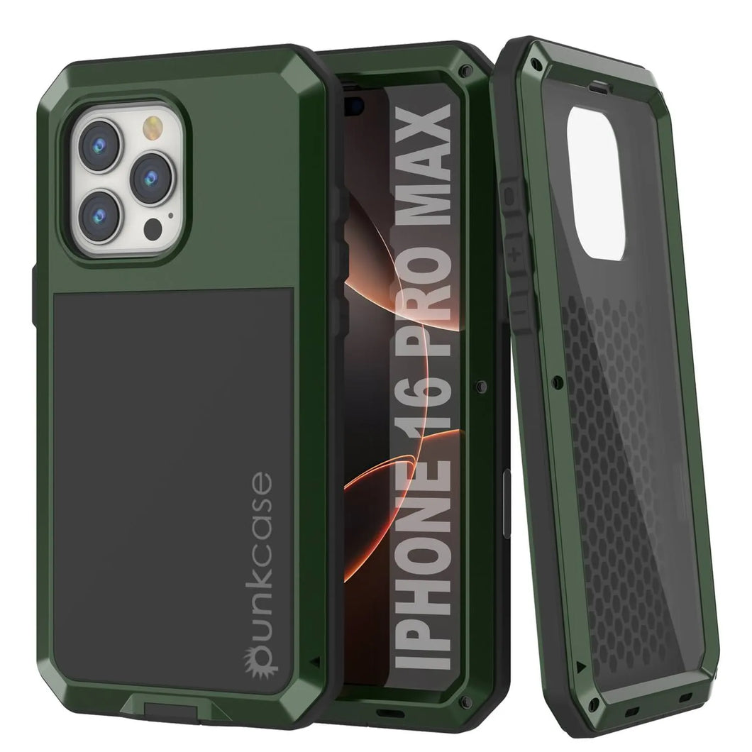 Funda de metal para iPhone 16 Pro Max, carcasa resistente de grado militar [a prueba de golpes], carcasa rígida de cuerpo completo [verde oscuro]