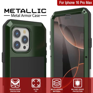 Funda de metal para iPhone 16 Pro Max, carcasa resistente de grado militar [a prueba de golpes], carcasa rígida de cuerpo completo [verde oscuro]