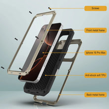Cargar imagen en el visor de la galería, Funda de metal para iPhone 16 Pro Max, carcasa de armadura resistente de grado militar [a prueba de golpes], carcasa rígida de cuerpo completo [dorada]
