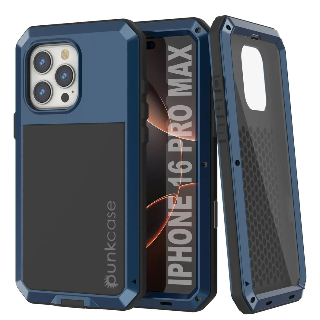Funda de metal para iPhone 16 Pro Max, carcasa de armadura resistente de grado militar [a prueba de golpes], carcasa rígida de cuerpo completo [azul]