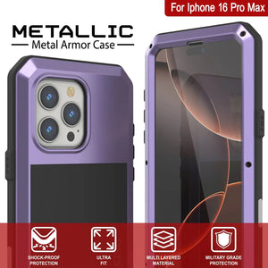 Funda de metal para iPhone 16 Pro Max, carcasa resistente de grado militar [a prueba de golpes], carcasa rígida de cuerpo completo [morado]