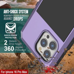Funda de metal para iPhone 16 Pro Max, carcasa resistente de grado militar [a prueba de golpes], carcasa rígida de cuerpo completo [morado]