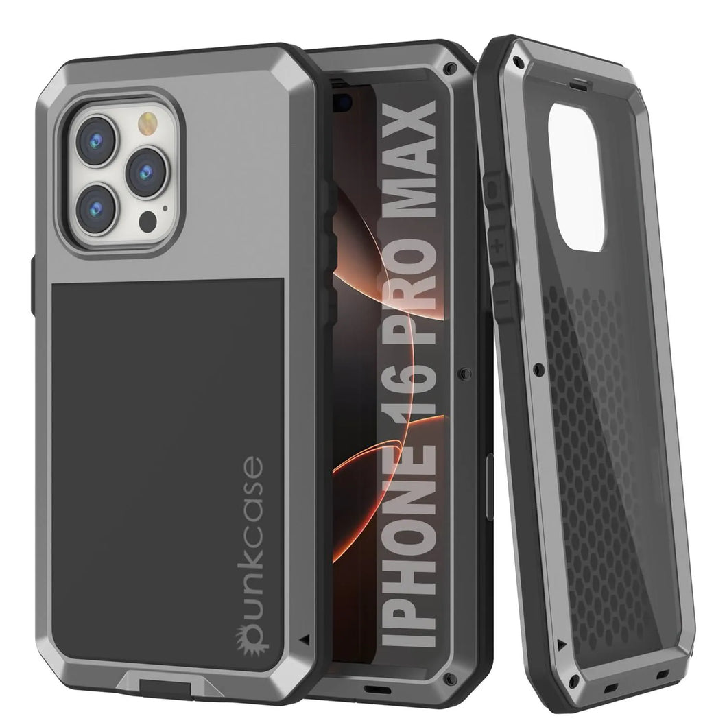 Funda de metal para iPhone 16 Pro Max, carcasa de armadura resistente de grado militar [a prueba de golpes], carcasa rígida de cuerpo completo [plateada]