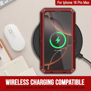 Funda de metal para iPhone 16 Pro Max, carcasa de armadura resistente de grado militar [a prueba de golpes], carcasa rígida de cuerpo completo [roja]