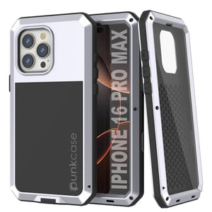 Funda de metal para iPhone 16 Pro Max, carcasa de armadura resistente de grado militar [a prueba de golpes], carcasa rígida de cuerpo completo [blanca]