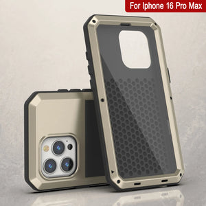 Funda de metal para iPhone 16 Pro Max, carcasa de armadura resistente de grado militar [a prueba de golpes], carcasa rígida de cuerpo completo [dorada]
