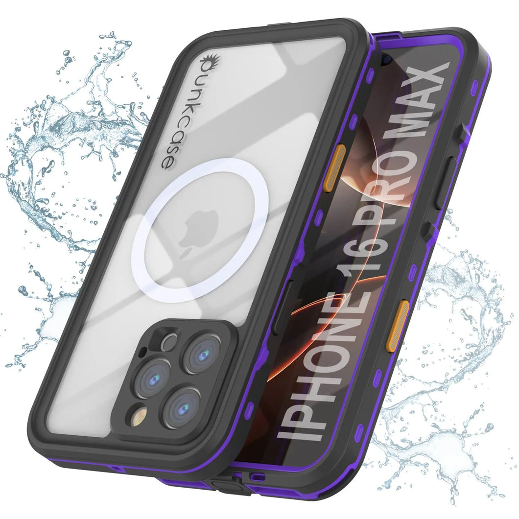 Funda impermeable para iPhone 16 Pro Max, Punkcase SpikeStar Purple Series | Ajuste fino, 2 m, sumergible, IP68