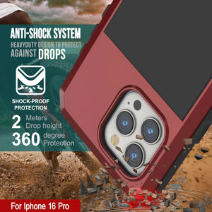 Funda de metal para iPhone 16 Pro, carcasa de armadura de grado militar resistente [a prueba de golpes], carcasa rígida de cuerpo completo [roja]