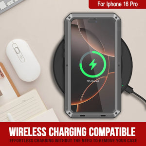 Funda de metal para iPhone 16 Pro, carcasa de armadura de grado militar resistente [a prueba de golpes], carcasa rígida de cuerpo completo [plateada]