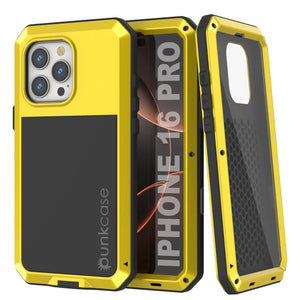 Funda de metal para iPhone 16 Pro, carcasa resistente de grado militar [a prueba de golpes], carcasa rígida de cuerpo completo [amarilla]