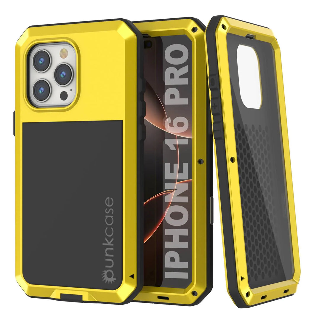 Funda de metal para iPhone 16 Pro, carcasa resistente de grado militar [a prueba de golpes], carcasa rígida de cuerpo completo [amarilla]