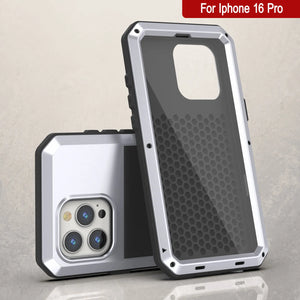 Funda de metal para iPhone 16 Pro, carcasa de armadura de grado militar resistente [a prueba de golpes], carcasa rígida de cuerpo completo [blanca]
