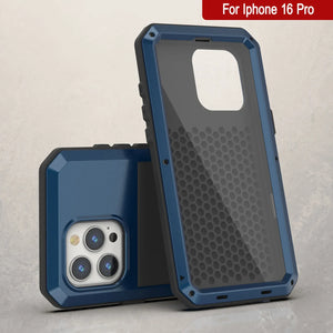 Funda de metal para iPhone 16 Pro, carcasa de armadura resistente de grado militar [a prueba de golpes], carcasa rígida de cuerpo completo [azul]