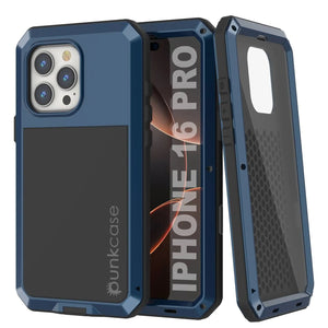 Funda de metal para iPhone 16 Pro, carcasa de armadura resistente de grado militar [a prueba de golpes], carcasa rígida de cuerpo completo [azul]