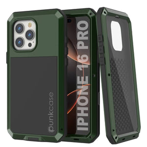 Funda de metal para iPhone 16 Pro, carcasa resistente de grado militar [a prueba de golpes], carcasa rígida de cuerpo completo [verde oscuro]