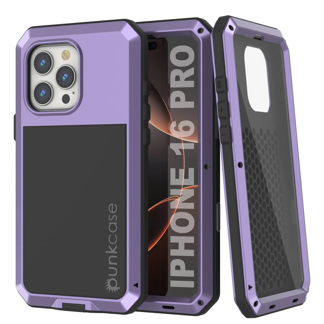 Funda de metal para iPhone 16 Pro, carcasa resistente de grado militar [a prueba de golpes], carcasa rígida de cuerpo completo [morado]