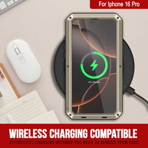 Funda de metal para iPhone 16 Pro, carcasa de armadura resistente de grado militar [a prueba de golpes], carcasa rígida de cuerpo completo [dorada]