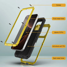 Cargar imagen en el visor de la galería, Funda de metal para iPhone 16 Pro, carcasa resistente de grado militar [a prueba de golpes], carcasa rígida de cuerpo completo [amarilla]
