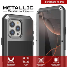 Cargar imagen en el visor de la galería, Funda de metal para iPhone 16 Pro, carcasa de armadura de grado militar resistente [a prueba de golpes], carcasa rígida de cuerpo completo [plateada]
