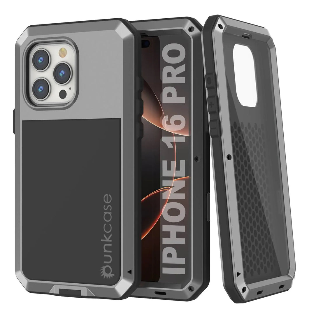 Funda de metal para iPhone 16 Pro, carcasa de armadura de grado militar resistente [a prueba de golpes], carcasa rígida de cuerpo completo [plateada]