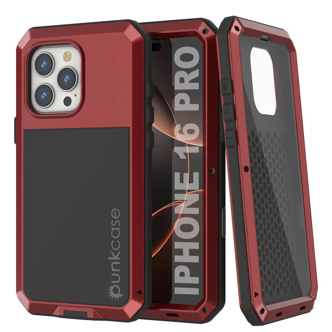 Funda de metal para iPhone 16 Pro, carcasa de armadura de grado militar resistente [a prueba de golpes], carcasa rígida de cuerpo completo [roja]