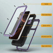 Cargar imagen en el visor de la galería, Funda de metal para iPhone 16 Pro, carcasa resistente de grado militar [a prueba de golpes], carcasa rígida de cuerpo completo [morado]

