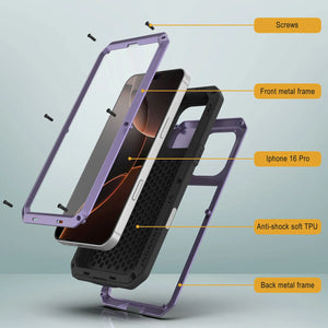 Funda de metal para iPhone 16 Pro, carcasa resistente de grado militar [a prueba de golpes], carcasa rígida de cuerpo completo [morado]